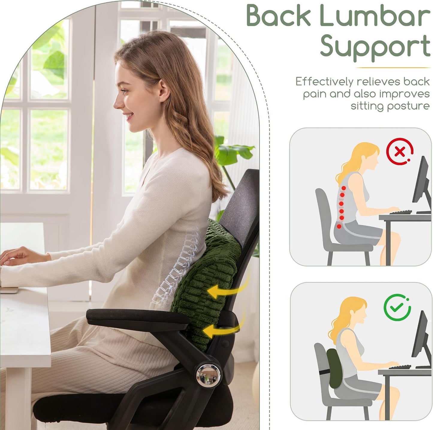 Lumbar Support Pillow for Recliner Chair/Office Chair/Couch, Memory Foam Back Support Cushion with Adjustable Strap, Recliner Cushions for Lower Back Pain Relief, Sleeping, Washable Cover, Beige