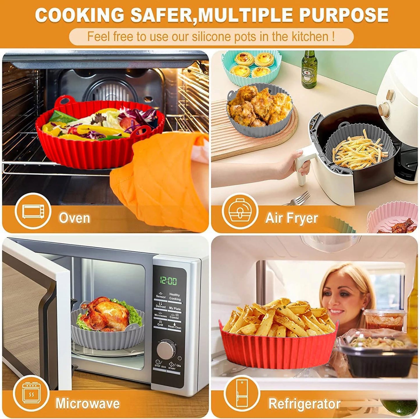 8 Inch Square Silicone Air Fryer Liners (2 Pack) Pink & Grey Reusable Non-Stick Inserts with Handles for Mess-Free Cooking & Heat Resistance – For Airfryer Ninja COSORI Instant Vortex & More