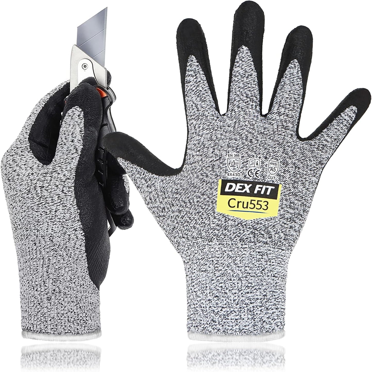 DEX FIT Level 5 Cut Resistant Gloves Cru553, 3D-Comfort Fit, Firm Grip, Thin & Lightweight, Touch-Screen Compatible, Durable, Breathable & Cool, Machine Washable; Grey L (9) 1 Pair