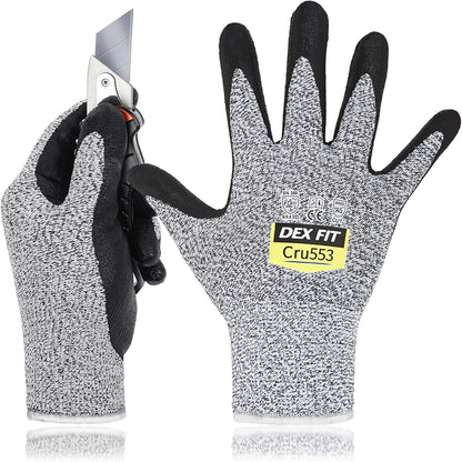 DEX FIT Level 5 Cut Resistant Gloves Cru553, 3D-Comfort Fit, Firm Grip, Thin & Lightweight, Touch-Screen Compatible, Durable, Breathable & Cool, Machine Washable; Grey L (9) 1 Pair