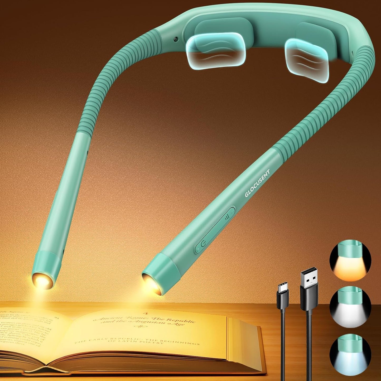 Glocusent Neck Light with Timer, 100 Hours Book Light for Bedtime Reading | Neck Reading Light, 3-Color, 5 Brightness, Bendable, Ergonomic, 1600mAh, Rechargeable, Eye Care, Sleep Aid, Travel Lock, Gift