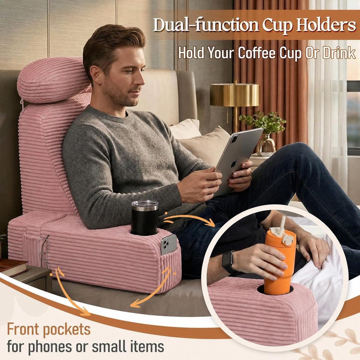 Reading Pillow/Backrest Pillow with Arms, Cup Holder & Phone Pocket