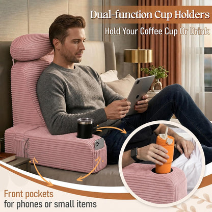 Reading Pillow/Backrest Pillow with Arms, Cup Holder & Phone Pocket