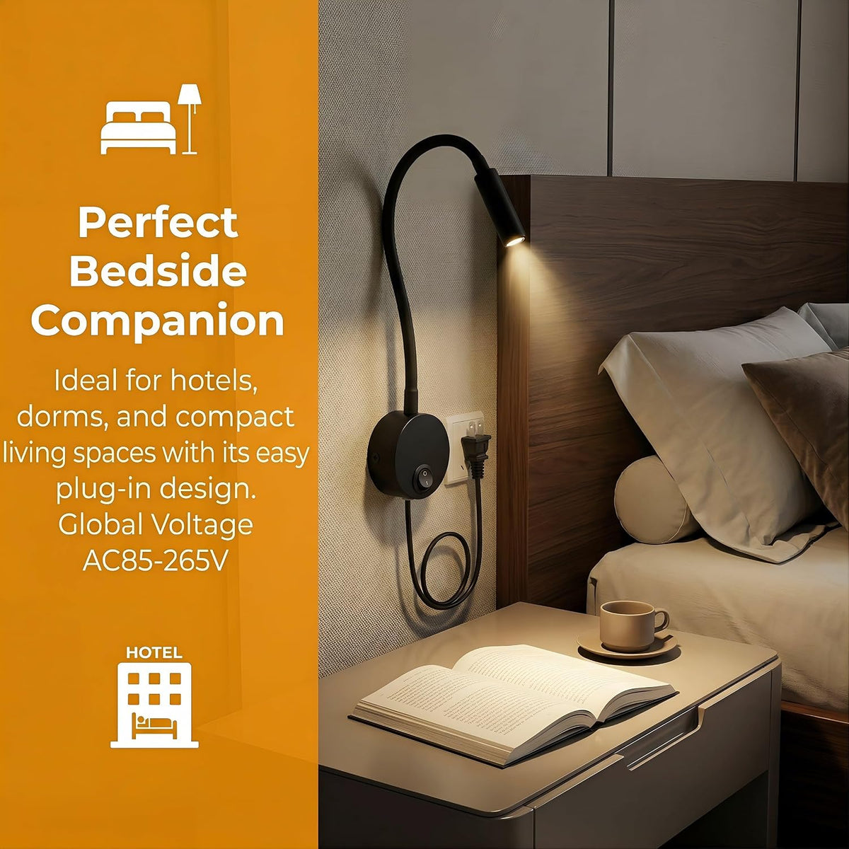 Wall Mounted LED Reading Lamp Focused 25° Spotlight for Bedroom headboard Marine Cabin Boat Yacht Interior Light Hotel Suite Hospital Patient Room Bedside Sconce 4.92ft Cord
