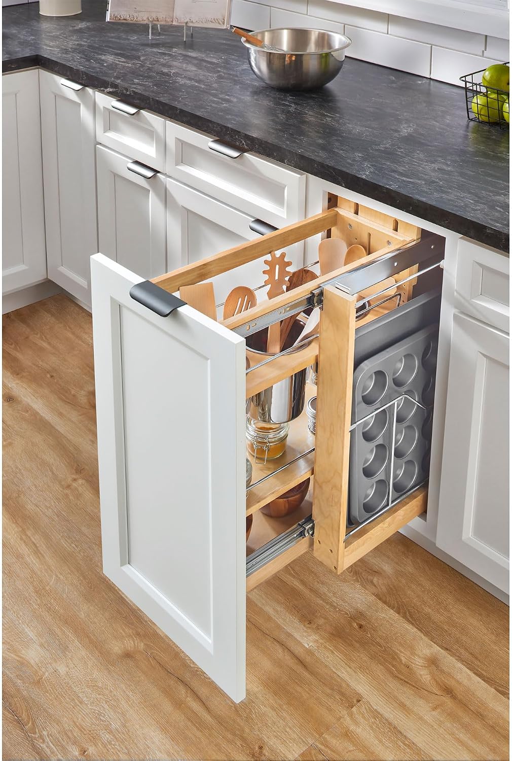 Rev-A-Shelf Pullout Organizer w/Soft-Close, Min Cabinet Opening 5.5" W | 5" W Slide Out Pantry Spice or Utensil Storage Rack w/BLUM Soft-Close & Adjustable Shelves for Base Cabinet, 448UT-BCSC-5C