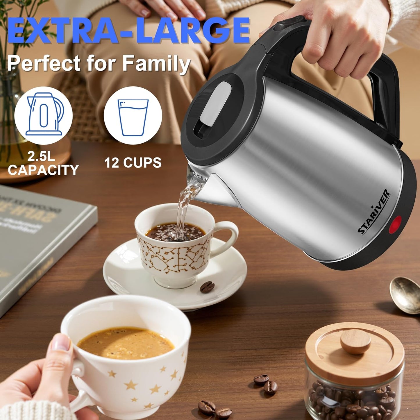 Stariver 2.5L Large Electric Kettle, BPA-Free Stainless Steel Water Kettle | Fast Boil Electric Tea Kettle, Auto Shut-Off & Boil-Dry Protection, 10-12 Cups, Large Capacity for Family Use
