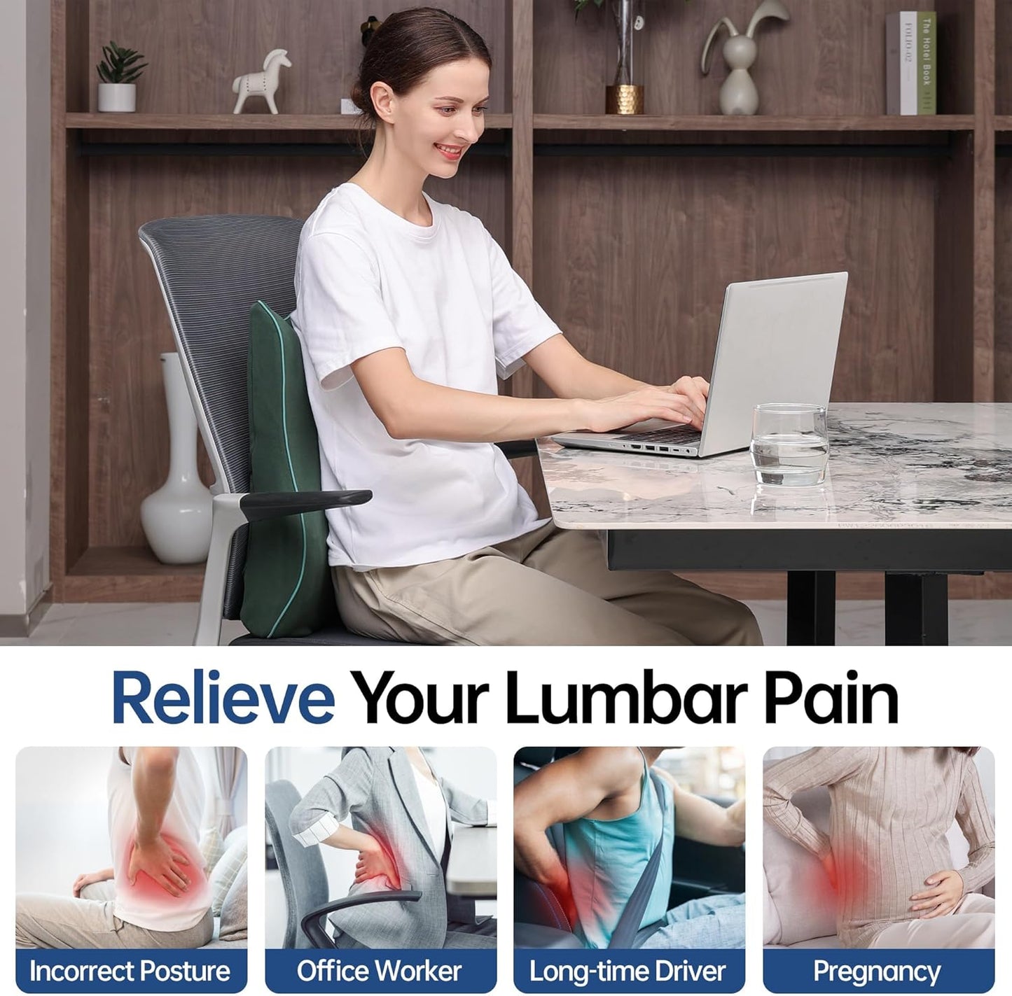 Soft Comfortable Memory Lumbar Support Pillow Back Cushion for Offic | Built-In Adjustable Straps Secure Reduce Back Soreness Pressure Distribution Breathable Premium Fabric Long-lasting Support