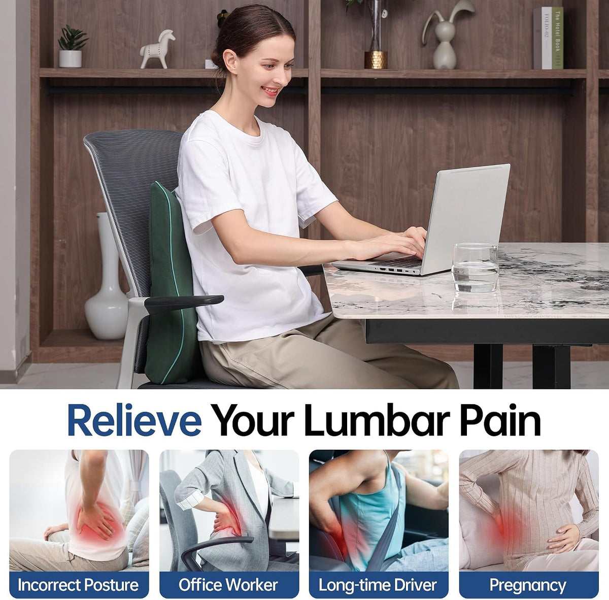 Soft Comfortable Memory Lumbar Support Pillow Back Cushion for Car & Office
