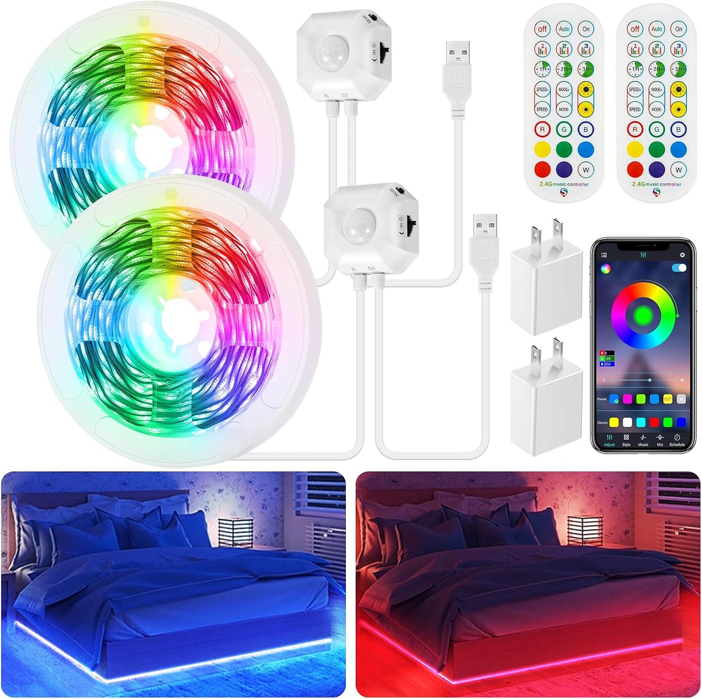 Motion Activated LED Strip Under Bed Lights 9.8Ft RGB, Remote & App Control | Motion Sensor Strip Light Indoor, Music Sync,Auto On/Off RGB Color Changing Night Light USB Powered for Bedroom Cabinet TV PC