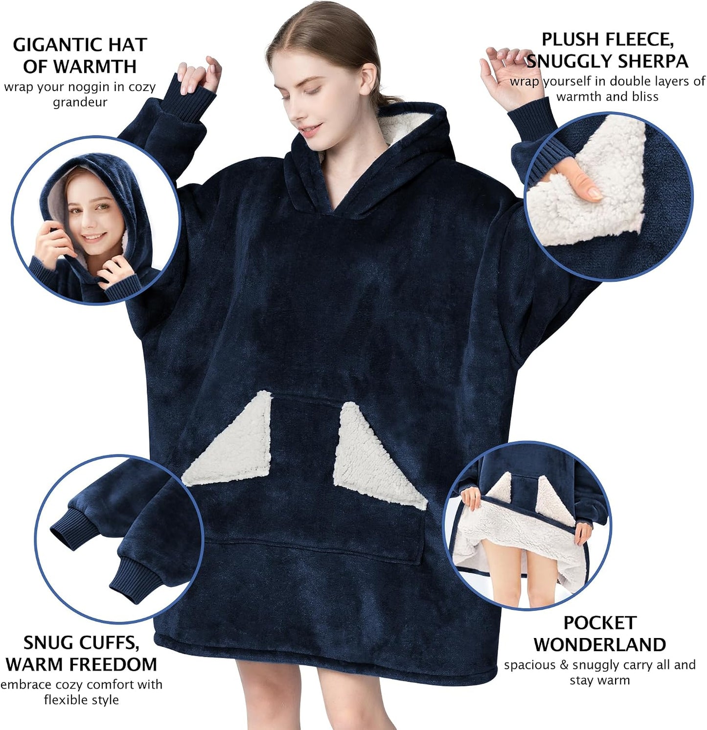Wearable Blanket Hoodie, Oversized Sherpa Fleece Sweatshirt Blanket with Giant Hood Pocket and Sleeves for Adult, Warm & Cozy Grey Blanket Gifts for Women