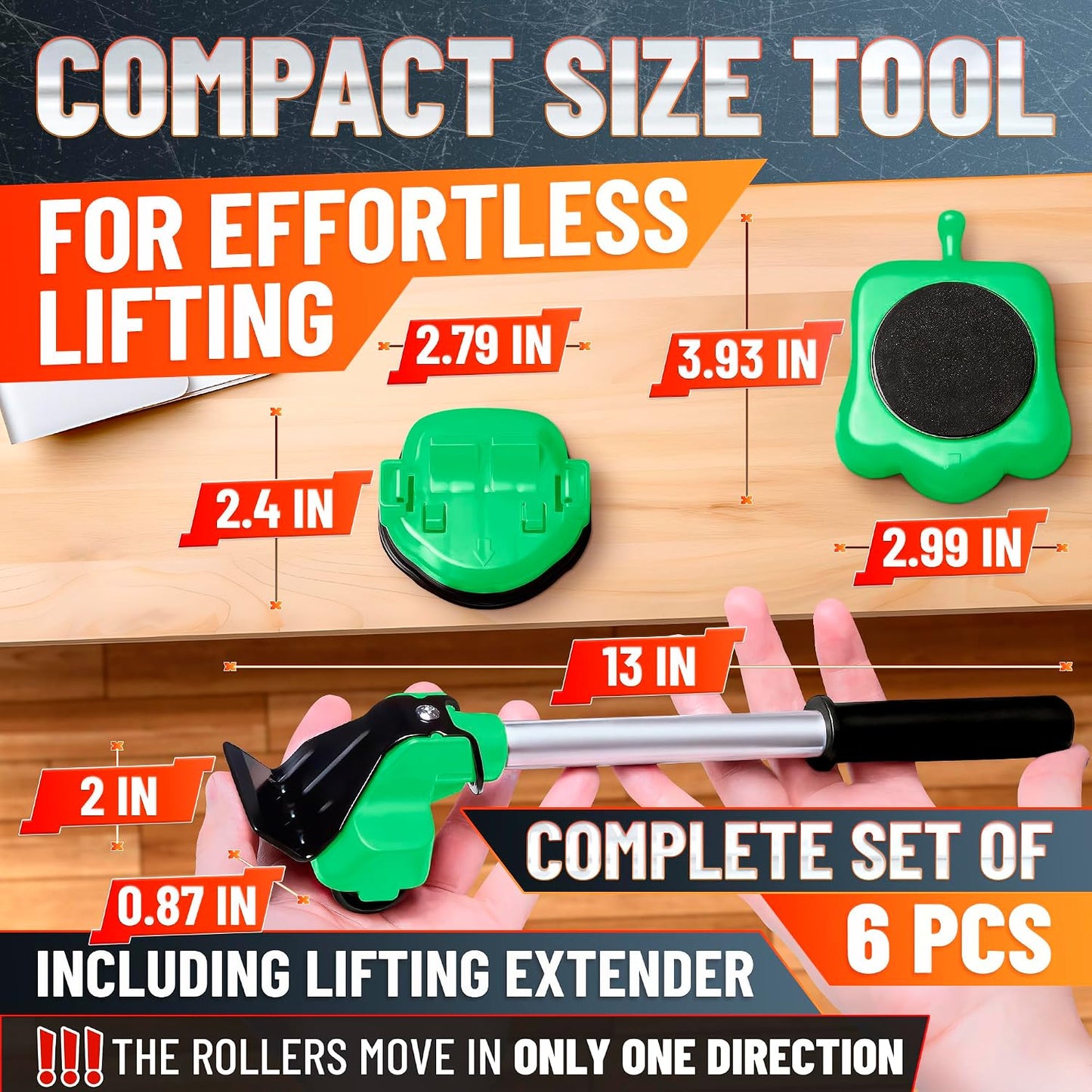 660 lb Furniture Movers with Wheels for Heavy Items (Red) | Heavy Duty Furniture Lifter Tool with 4 Sliders & 13" Lever for Hardwood, Tile & Laminate; Move Sofas, Beds & Refrigerators