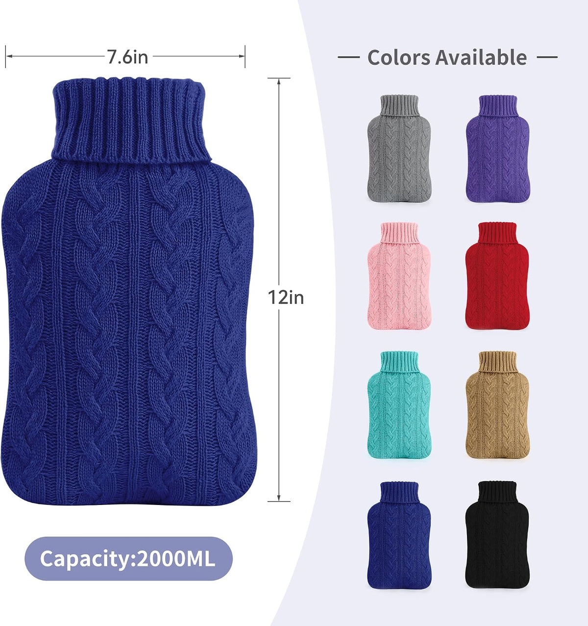 samply 2L Hot Water Bottle with Knitted Cover, Hot Water Bag, Purple
