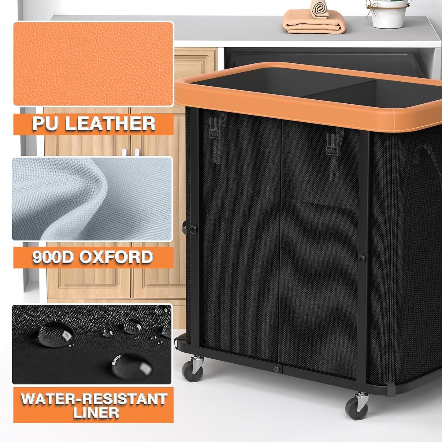 Laundry Hamper with Wheels,150L Leather Patchwork Clothes Hamper Black | Rolling Laundry Basket with Sturdy Metal Frame, Removable Washable Bag,Tall Clothes Sorter for Bedroom, Laundry Room, Dorm
