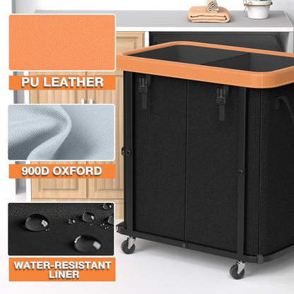 Laundry Hamper with Wheels,150L Leather Patchwork Clothes Hamper Black | Rolling Laundry Basket with Sturdy Metal Frame, Removable Washable Bag,Tall Clothes Sorter for Bedroom, Laundry Room, Dorm