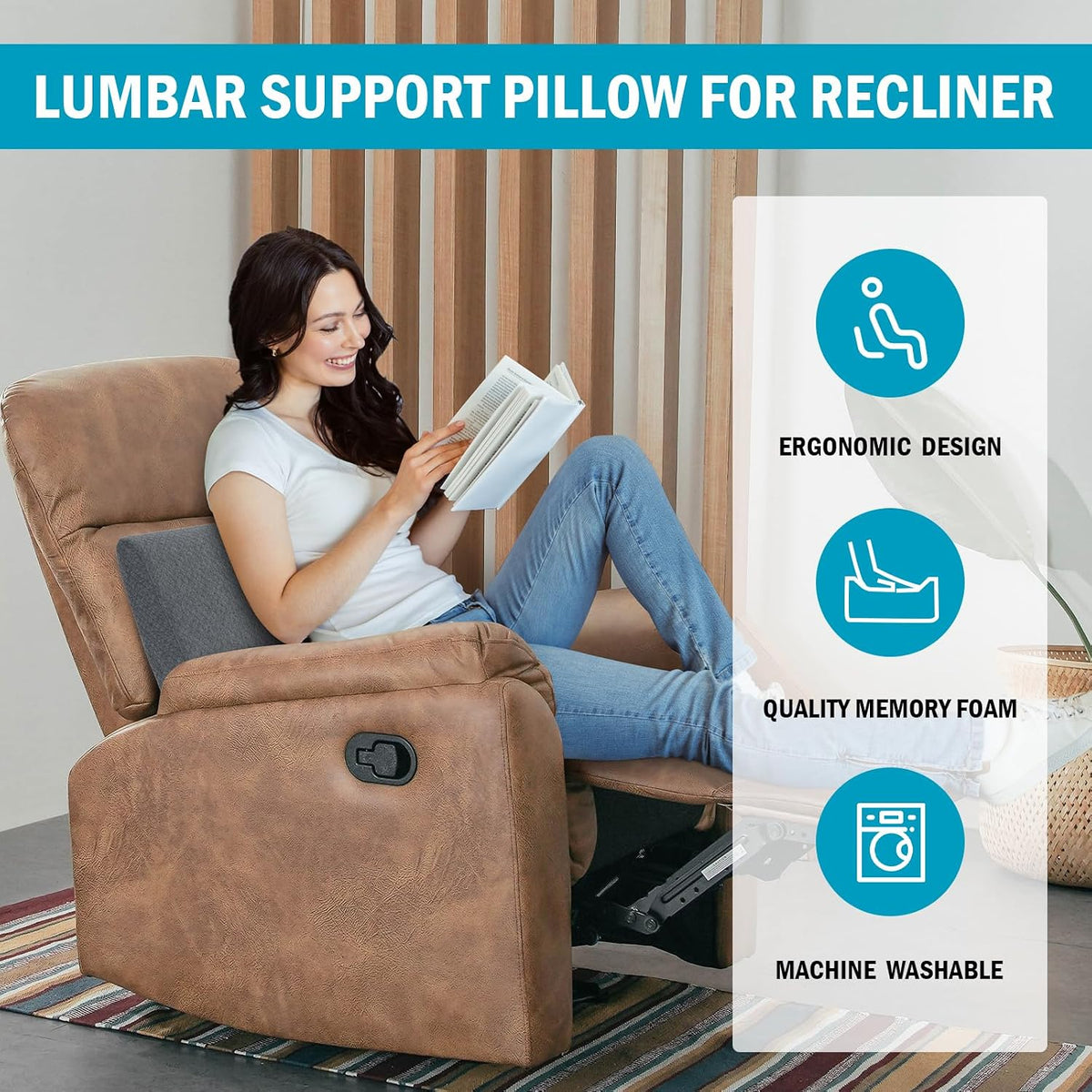 HOMBYS Lumbar Support Pillow for Recliner Chair, Memory Foam Back Support Cushion for Elderly,Extra Large Lumbar Support Pillow,Thick Backrest for Home Reading (Grey, 20“x13.5"x5")