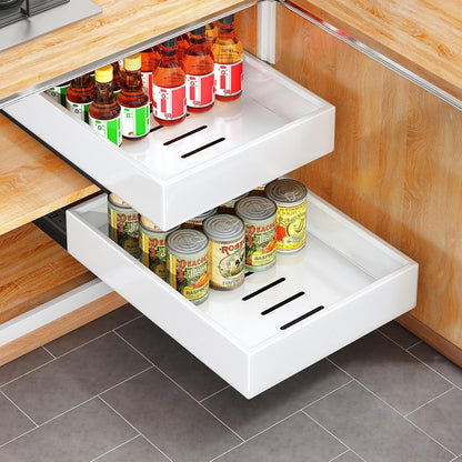Pull out Cabinet Organizer, 21"Deep, Heavy Duty Full-Extension Slide out Drawers for Kitchen Cabinets with Nano Adhesive, Roll Out Shelf Sliding Cabinet for Pots, Bathroom, Pantry, Under Sink, White