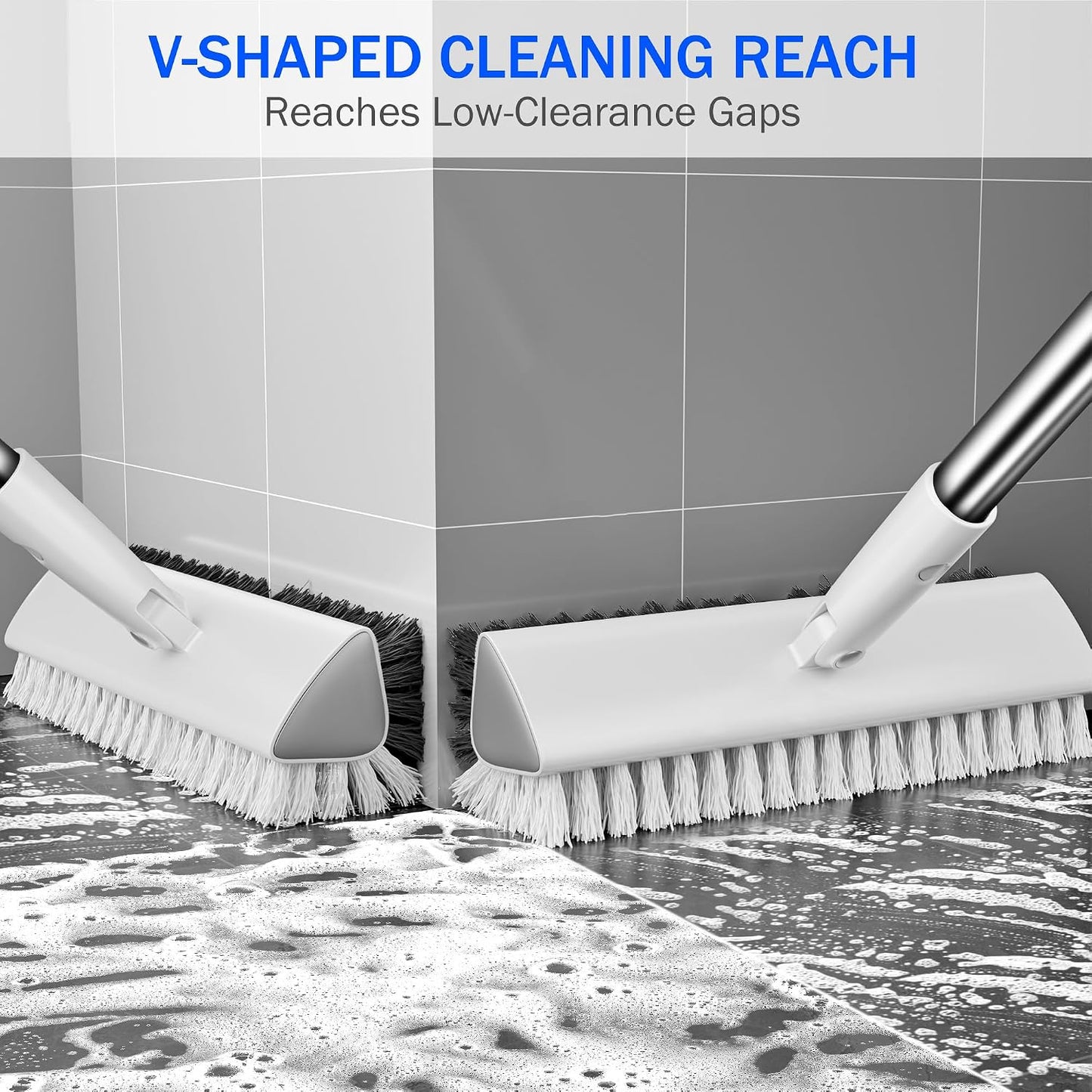 Grout Brush with Long Heavy Duty Handle, 180° Swivel Floor Scrub Brush, V-Shaped Grout Line Scrubber with Stiff Bristles, Cleaning Brush for Deep Cleaning Tile Grout, Shower, Kitchen, and Concrete