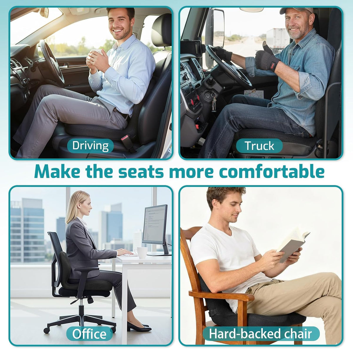 Memory Foam Seat Cushion,Office Chair Cushion with Lumbar Support for Back Pressure Relief, Car Seat Cushion with Adjustable Strap,Sciatica Pad Cushions for Car,Truck, Desk,Gaming Chair