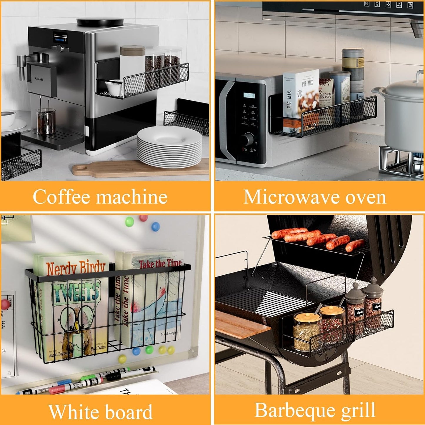 4 Pack Magnetic Shelves for Washing Machine, Heavy-Duty Magnetic Laundry Organizer with Hooks, Washing Machine Shelf for Refrigerator, Metal Storage Baskets, Closet & Laundry Room Organization(Black)