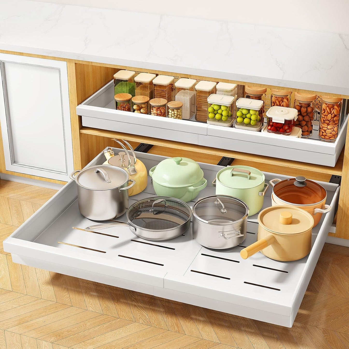 Pull out Cabinet Organizer, 1-Pack Expandable(13.6"-24") Silde out Drawers with Raising Pad for Framed Cabinets, Adjustable Full-Extension Adhesive Roll out Shelves for Kitchen Pantry Home Pot and Pan