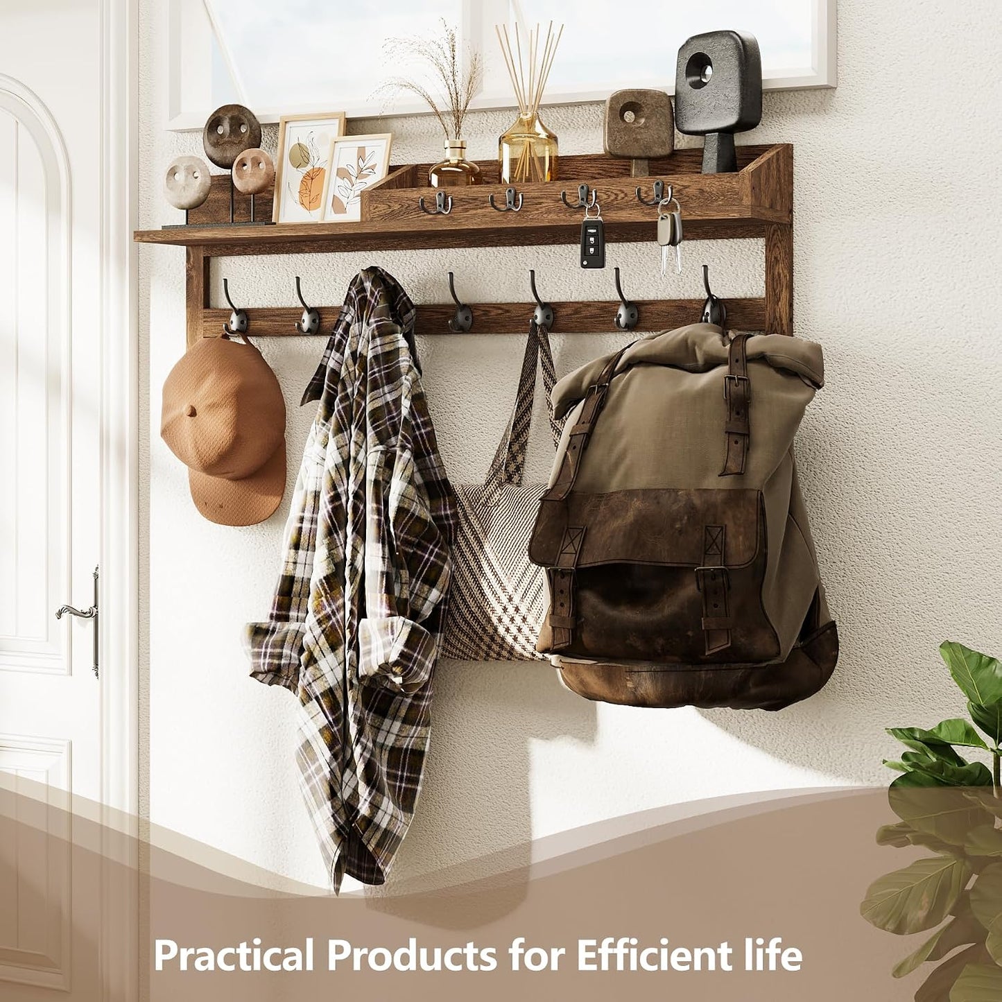 AMBIRD Wall Hooks with Shelf, 26.57 Inch Entryway Wood Coat Hooks for Wall with Shelf, Coat Rack Wall Mount with 5 Dual Hooks 3 Key Hooks Mail Organizer and Key Rack Holder (Brown)