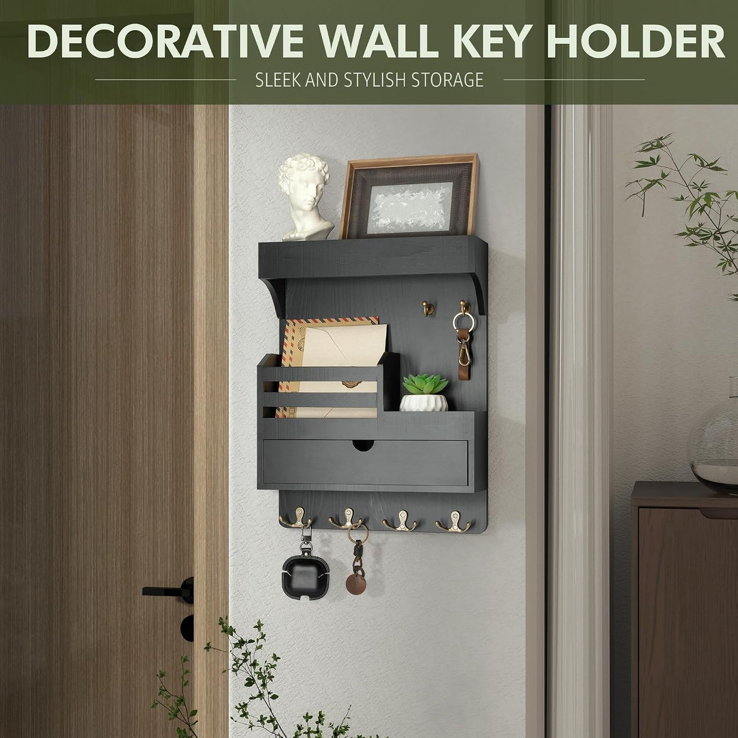 Rebee Vision Key Holder Wall Mount with Drawer Organizer for Entryway,Brown | Pine Wood, 6 Key Hooks, Display Shelf for Plants, Mail Slot for Storage Letter, Multi-Funtional Design, Home Storage