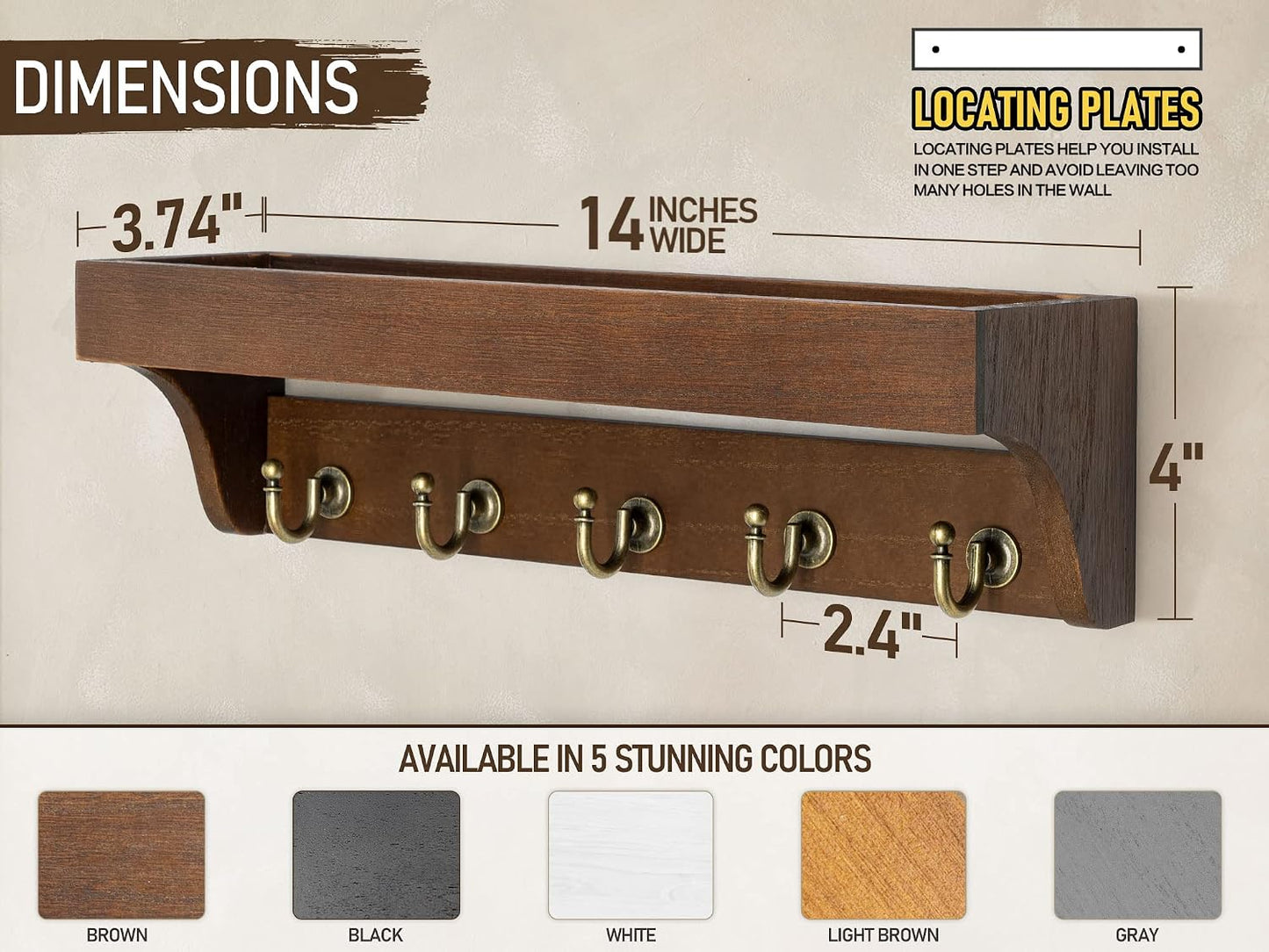 Rebee Vision Key Holder Wall Mount with 5 Hooks for Entryway, Retro Brown | Display Shelf for Plant & Letters, Key Shelf for Hats, Dog Leashes, Mail Organizer, Decorative Entryway & Living Room