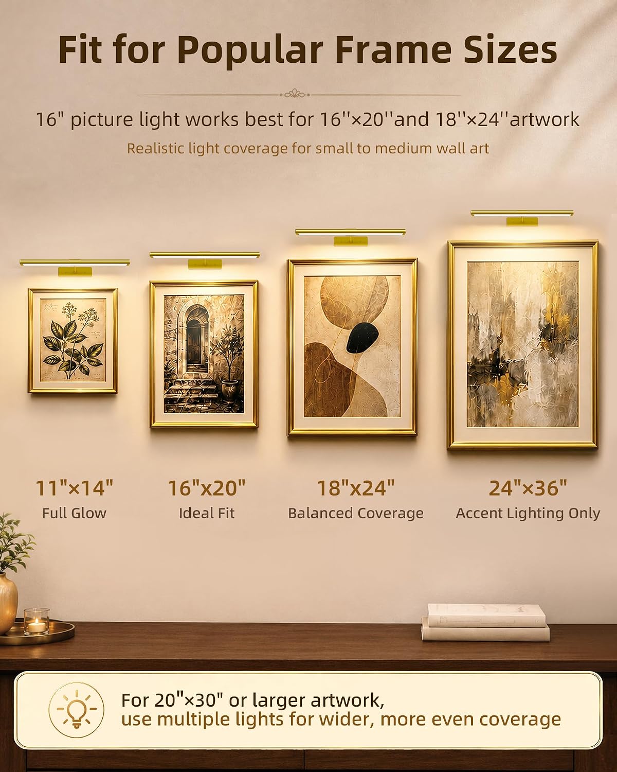 EZVALO Picture Light for Wall, 4800mAh Rechargeable Wireless Gold Light with IR Remote, Dimmable Magnetic LED Art Display Light with 3 Color Temperatures, for Gallery, Living Room, Bedroom(2Pack)