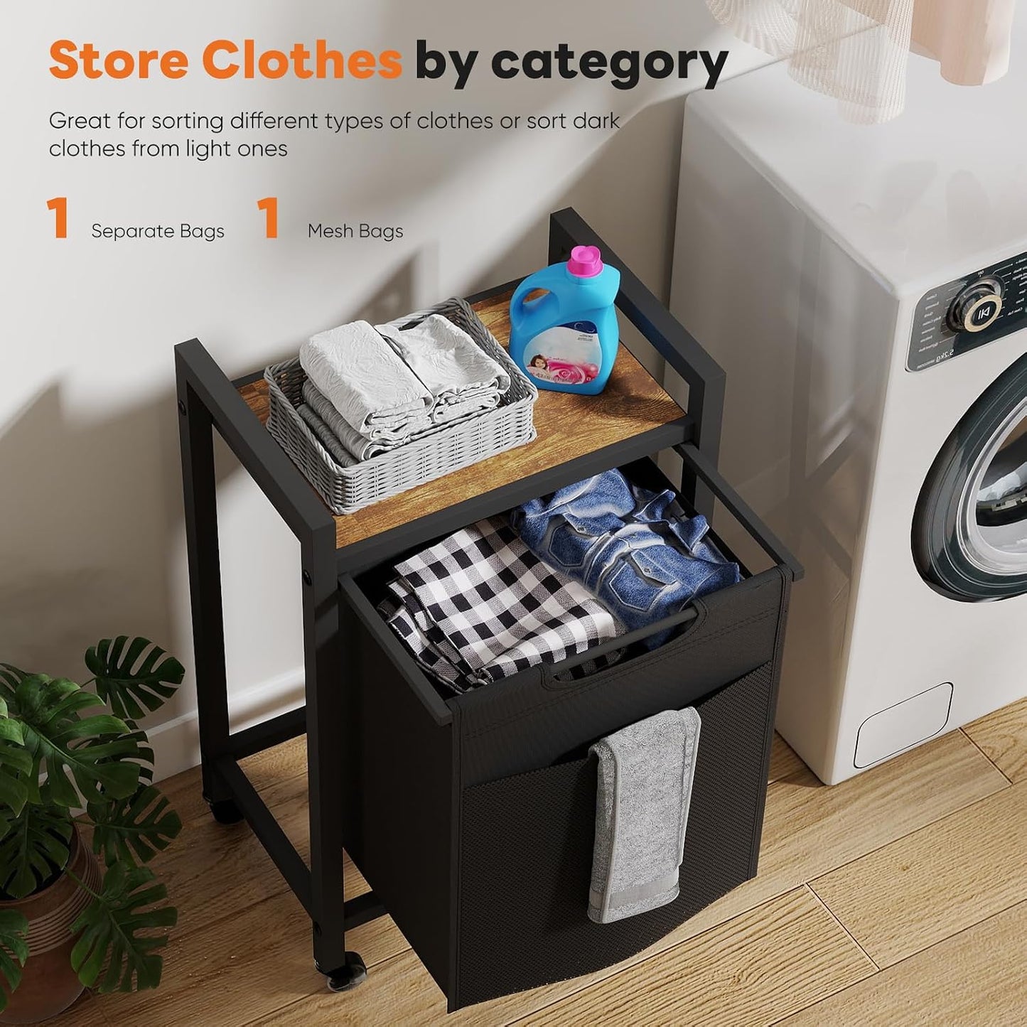 NEWBULIG Laundry Hamper Sorter with Wheels, Rolling Laundry Basket with Shelf & Removable Pull-Out Bag, Dirty Clothes Hamper for Room Organizer, 3 x 10.6 Gal (120L) - Rustic Brown and Black