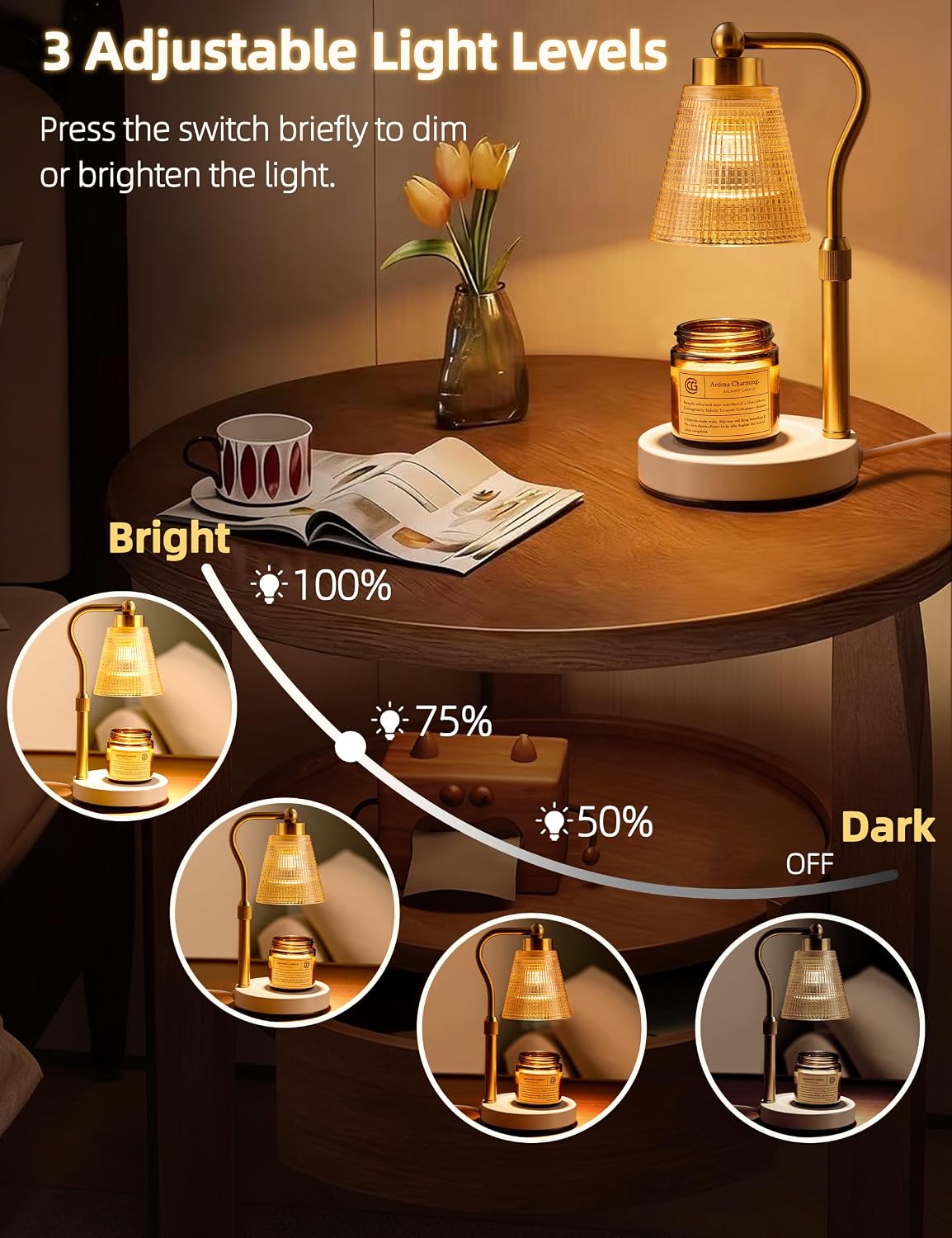 Candle Warmer Lamp for Jar Candles, Height Adjustable & Dimmable with 2/4/8H Timer, 2*50W Halogen Wax Melter Warmer for Home Office Décor, Flameless & Smokeless, Gift for Women Mom, Black-Clear/1 Pack