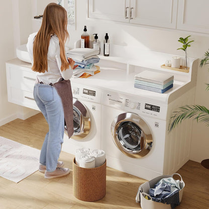 2-Tier Washer Dryer Countertop with 2.75" H Edge Rails, 54" W x 27.55" D Laundry Countertop for Folding Clothes, Washer and Dryer Topper with Non-Slip Pad (Dark Walnut)