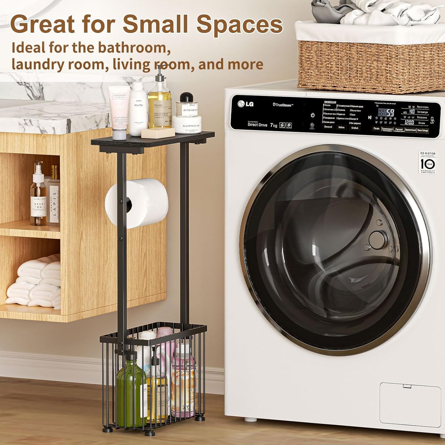 Freestanding Toilet Paper Holder with Storage Shelf | Bathroom Tissue Stand with Space for Phone, Tablet, and Magazines – All-in-One Toilet Roll Dispenser and Organizer