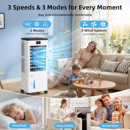 Portable Air Conditioners, Evaporative Air Cooler with Remote & LED Display, 120° Oscillation, 12H Timer, 3 Speeds & 4 Modes, 60W Energy-Efficient, Windowless Swamp Cooler for Bedroom Office Garage