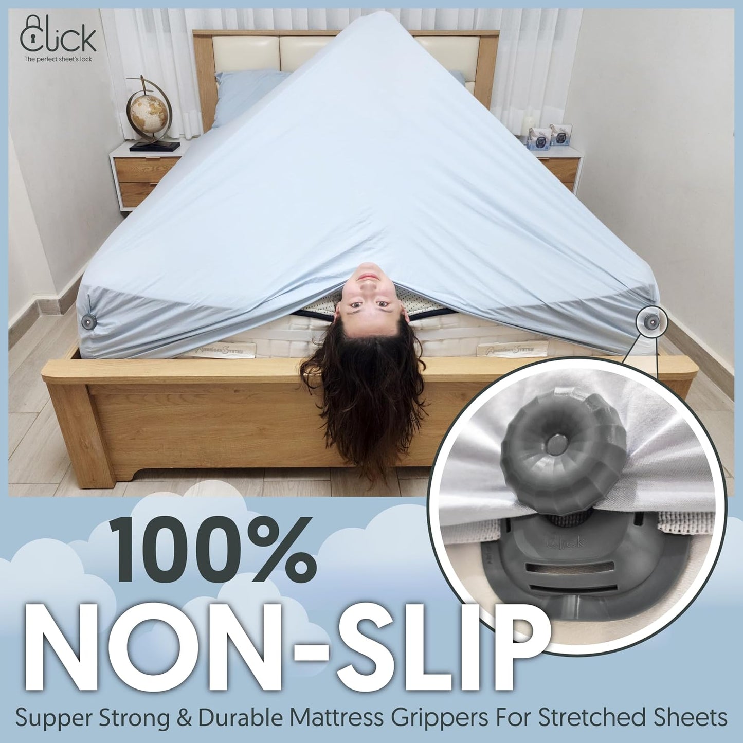 Click Bed Clips to Hold Sheets - Sheet Clips & Straps Keep Sheets in Place Firm & Tight on Single and Twin Bed, Heavy Duty Sheets Holders & Mattress Clips to Keep Sheets on Single & Twin Beds