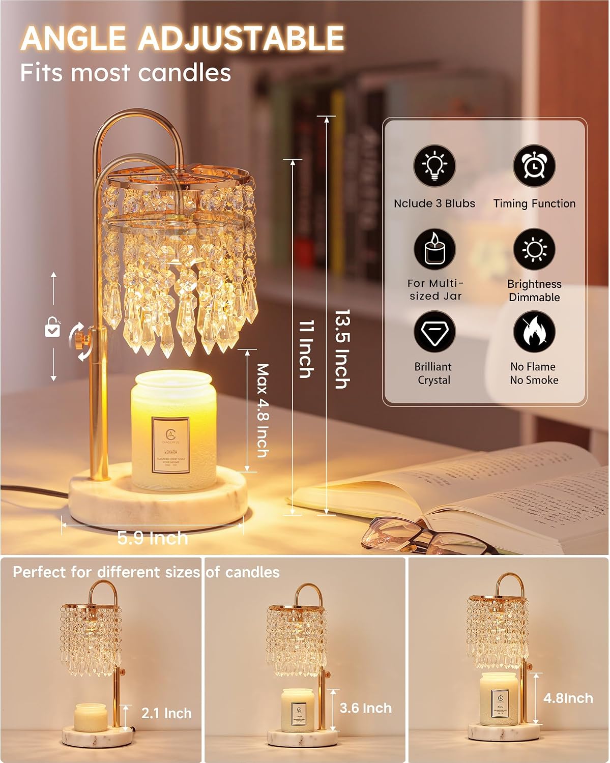 Candle Warmer Lamp with Timer Dimmer and 3 Bulbs, Candle Lamp Warmer with Marble Base for Adjustable Height, Crystal Candle Lamp for Jar Candles, House Warming Gifts Home Room Decor, Silver