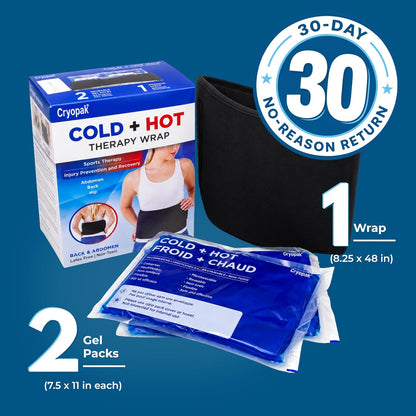 Cold and Hot Therapy Wrap, Black, Latex-Free, Non-Toxic, for Back, Abdomen, Hip, Sports Injury Prevention, Recovery (Back/Abdomen). kit Includes Flexible Gel Compress, Sleeve and Strap.
