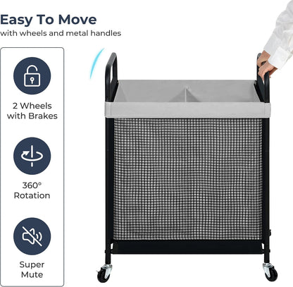 STO STO Laundry Hamper 2 Section, 100L Rolling Laundry Sorter Cart with Removable and Washable Liner Bag, Clothes Hamper with Wheels and Metal Handle for Laundry Room and Bedroom