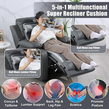 HOMBYS 5-in-1 Recliner Seat Cushion for Elderly+Lumbar Support Pillow + Leg Pad, with Adjustable Half Moon Neck Pillow & Footrest, Foam Filling with Velvet Fabric, Thick & Non-Slip, Brown