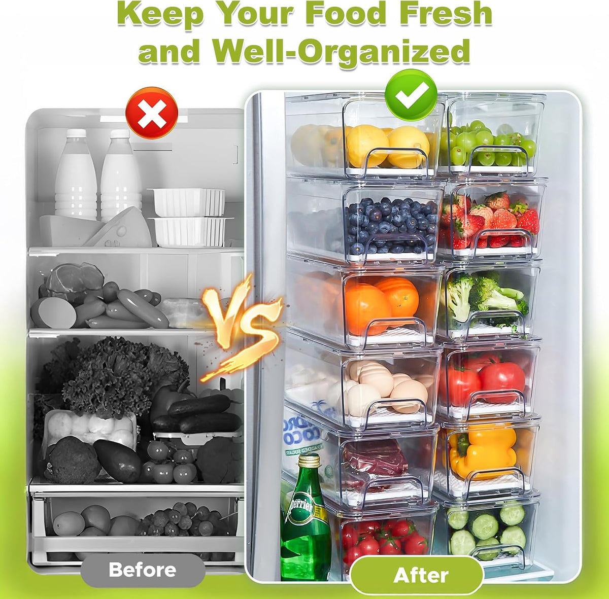 Refrigerator Drawer Organizer Bins, Clear Stackable Pull Out Fridge Organizers and Storage Container, with Strainer Layer for Fruits, Vegetables, Drinks, Snack and Food