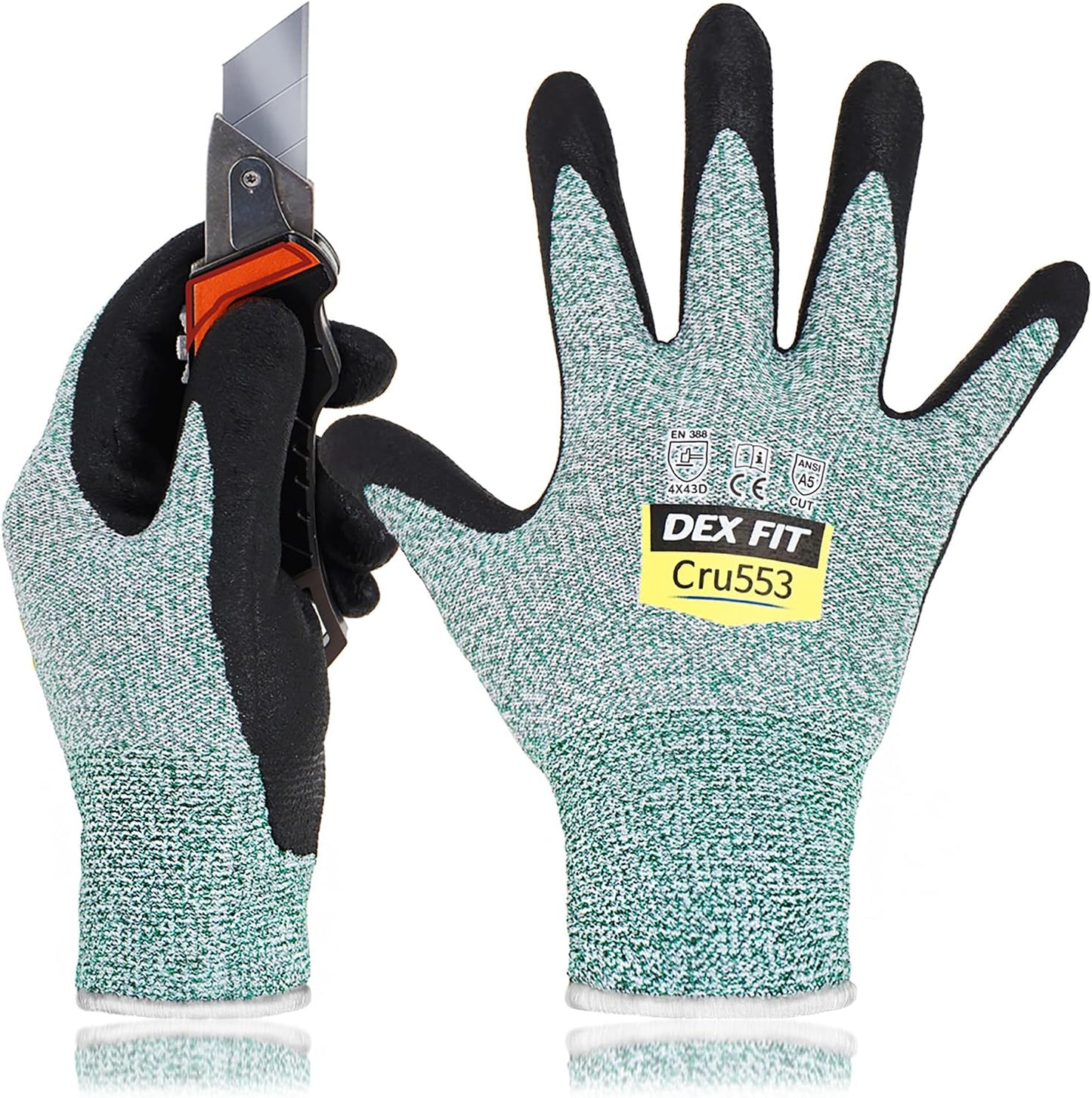 DEX FIT Level 5 Cut Resistant Gloves Cru553, 3D-Comfort Fit, Firm Grip, Thin & Lightweight, Touch-Screen Compatible, Durable, Breathable & Cool, Machine Washable; Grey L (9) 1 Pair