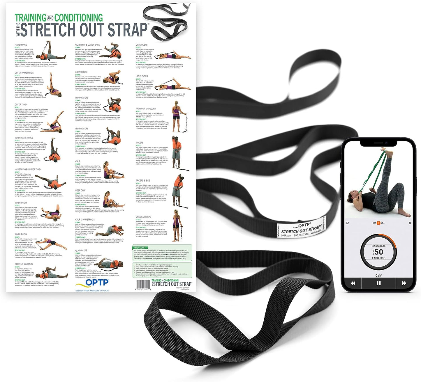 OPTP The Original Stretch Out Strap XL with Exercise Poster, USA Made | Extra-Long stretching strap, Stretch Out Strap for physical therapy, yoga stretching strap for knee therapy, 7'5" long, nylon