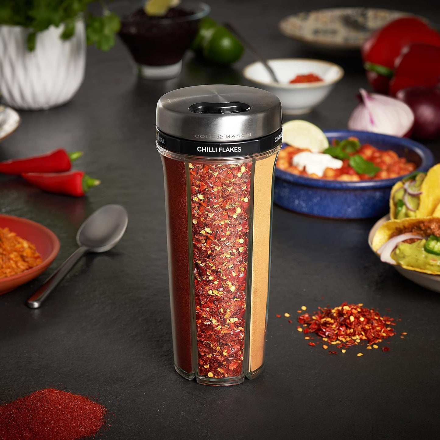 Cole & Mason Saunderton Spice Storage & Shaker - Herb Keeper for Refrigerator, Countertop or Cabinet - Divided Food Storage Container - Spice Shaker with Lid - Clear/Silver
