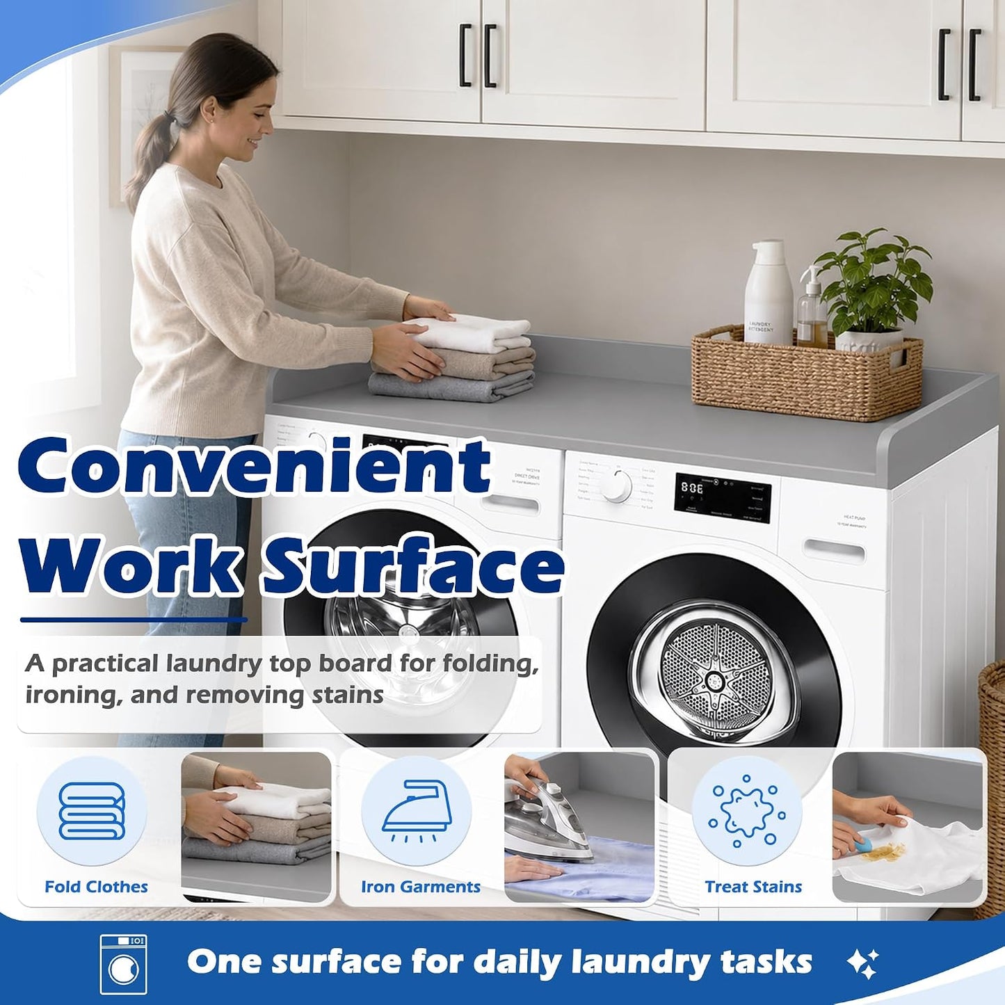 ROYXEN Washer Dryer Countertop, Laundry Countertop Solid Wood, Countertop for All Front-Loaded Washing Machine and Dryer, Extra Room for Laundry Room, Oak