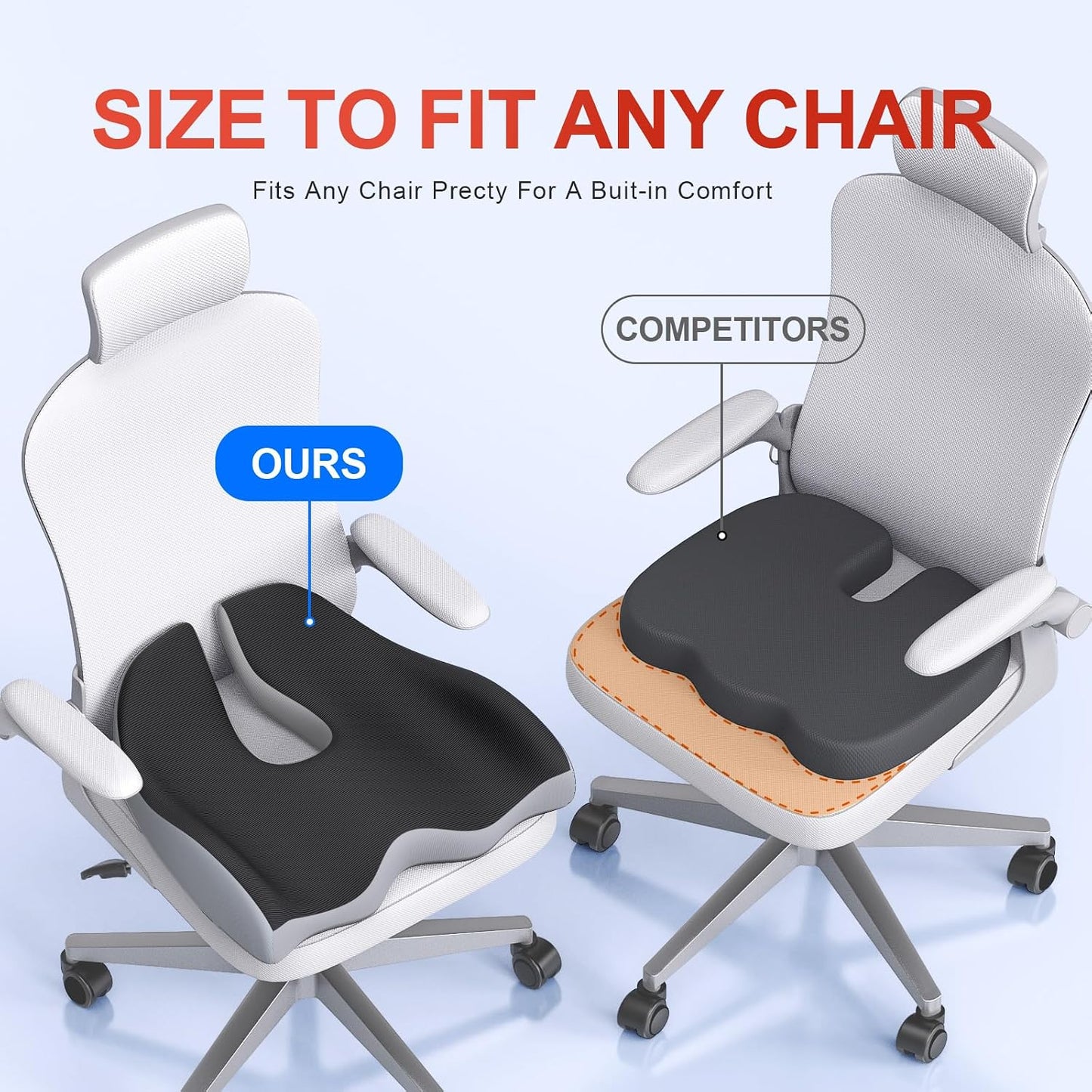 Benazcap Large Ergonomic Seat Cushion Relieves Sciatica & Tailbone Pain | Ergonomic memory foam relieves sitting strain, washable slip-resistant cover, fits office, car, gaming chairs all day