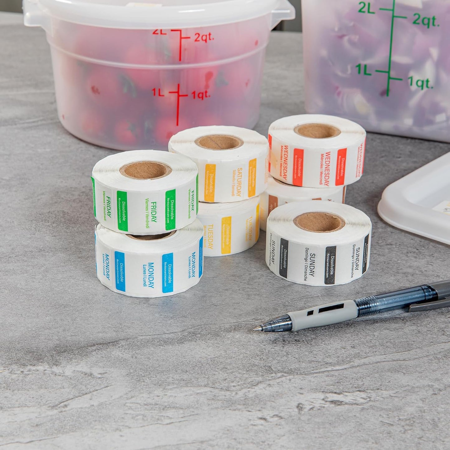 Restaurantware RW Smart 1 Inch x 1 Inch Food Rotation Labels 500 Dissolvable Food Safety Labels - Premium Trilingual Orange Paper Day Of The Week Labels For Food Storage Or Prep Saturday