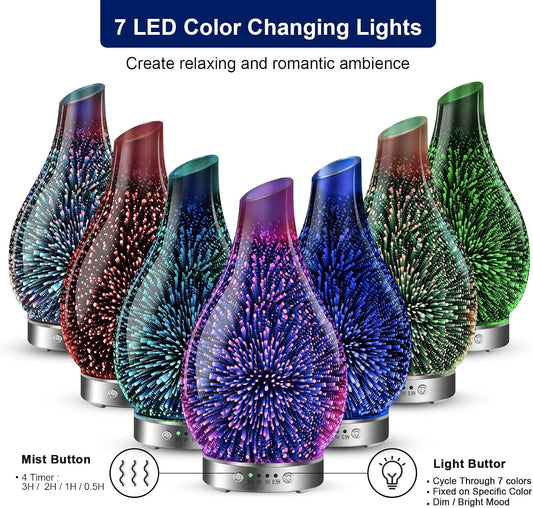 MAXWINER Essential Oil Diffusers Ultrasonic 3D Glass Aromatherapy Diffuser, Auto Shut-Off, Timer Setting, 7 Colors LED Lights Changing for Home, Office, Spa 120ml