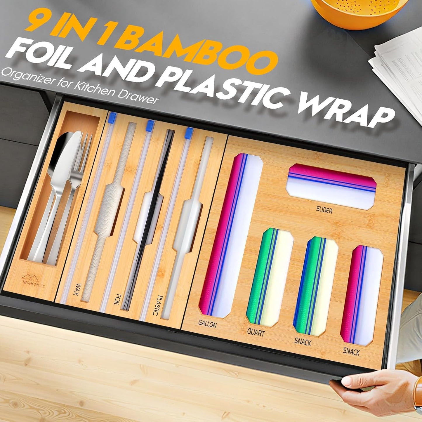 9 in 1 Foil and Plastic Wrap Dispenser with Cutter, Black Bamboo Ziplock Bag Organizer for Drawer - Holds Gallon, Quart Bags & Aluminum Foil/Wax Paper, Wall Mountable Kitchen Storage