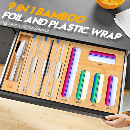 9 in 1 Foil and Plastic Wrap Dispenser with Cutter, Black Bamboo Ziplock Bag Organizer for Drawer - Holds Gallon, Quart Bags & Aluminum Foil/Wax Paper, Wall Mountable Kitchen Storage