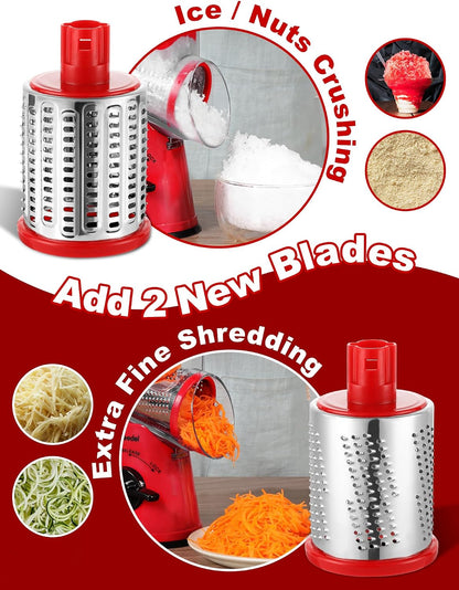 Geedel Rotary Cheese Grater, Kitchen Mandoline Vegetable Slicer with 3 Interchangeable Blades, Easy to Clean Rotary Grater Slicer for Fruit, Vegetables, Nuts | 3 Blades, 430 Stainless Steel, 12x Fast Cutting, Strong Suction Base, No BPA, Dishwasher Safe,