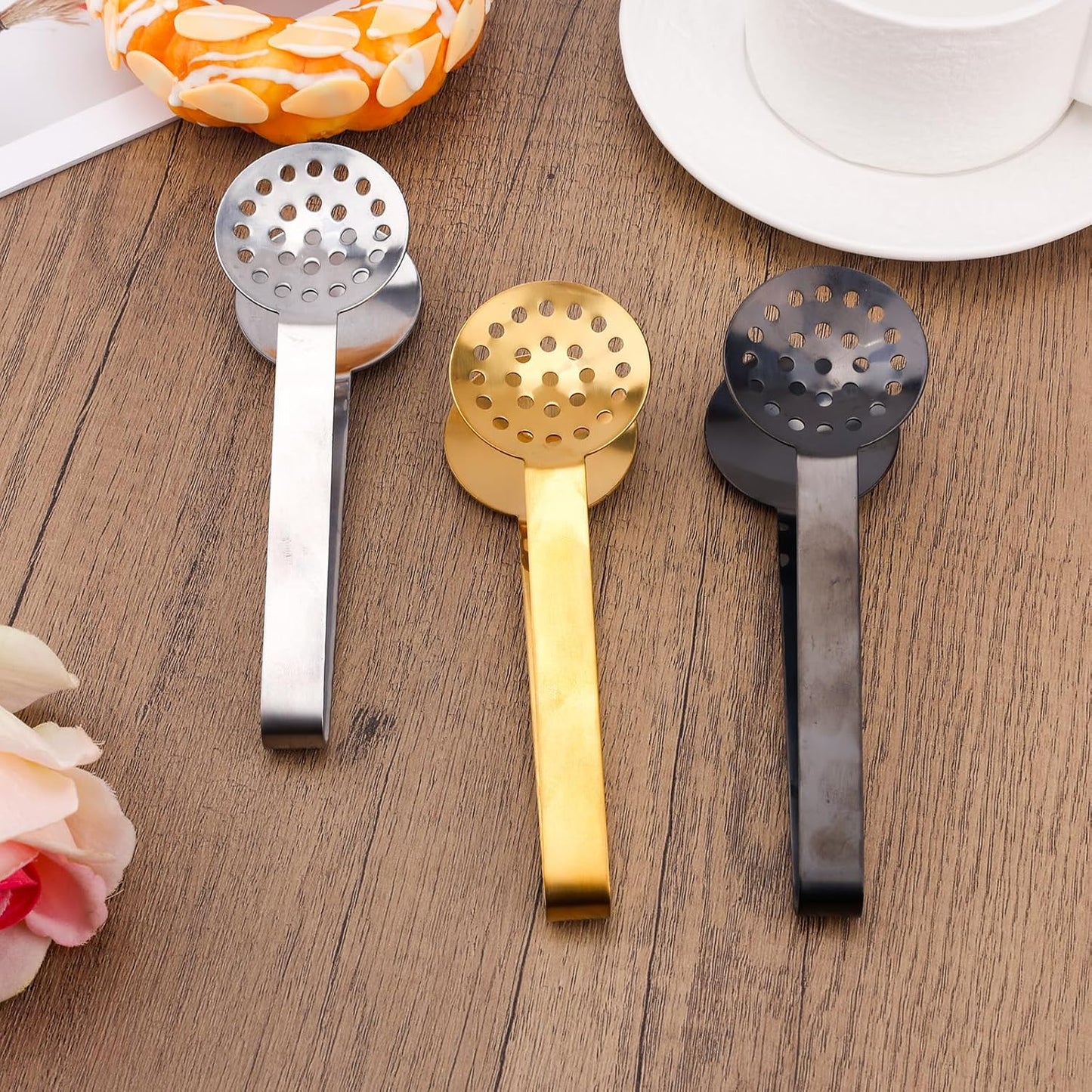 lasuroa 3pcs Tea Bag Squeezer Tongs, Stainless Steel Strainer Spoons Teabag Clips Tool Practical Strainer Tea Accessories (Black, Gold, Silver)